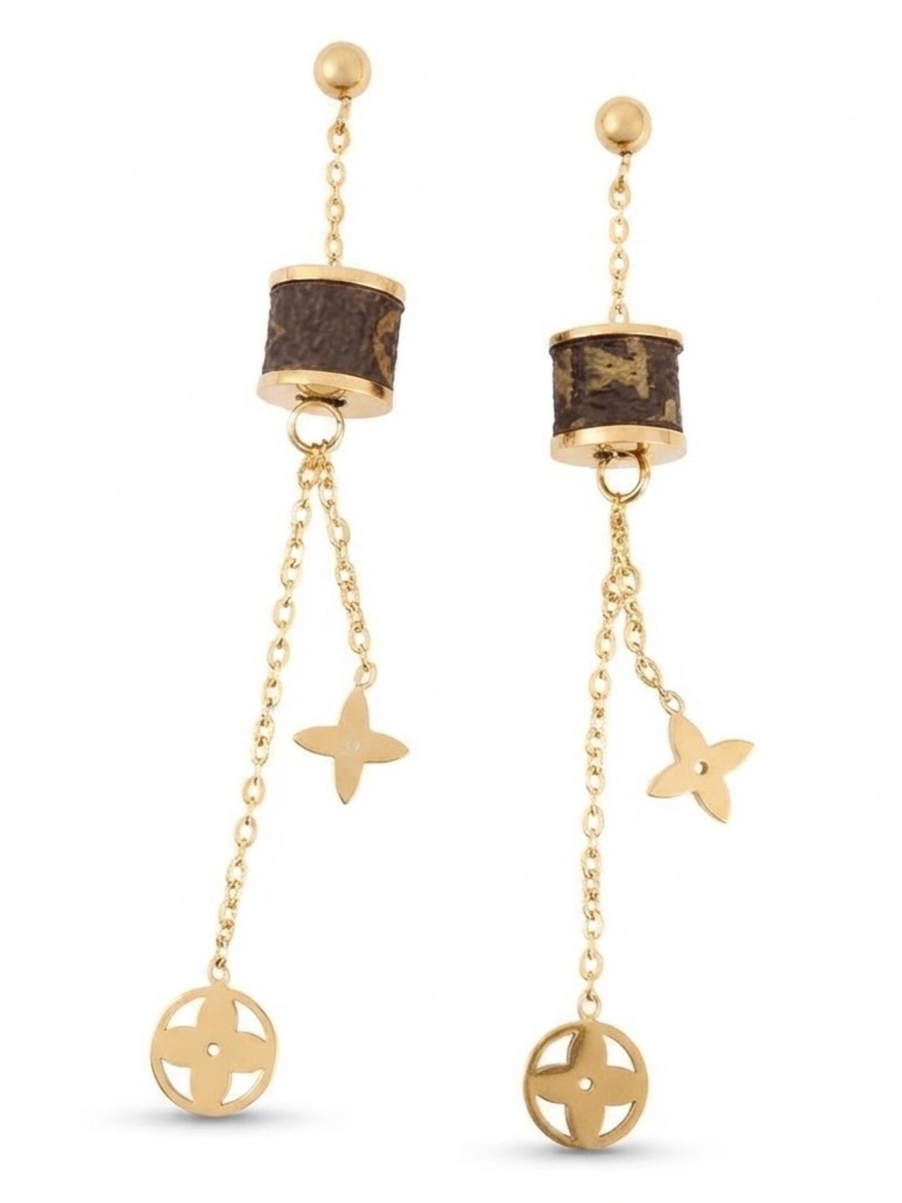 Gold and Brown Draped Lettered Monogram Long Drop Earrings